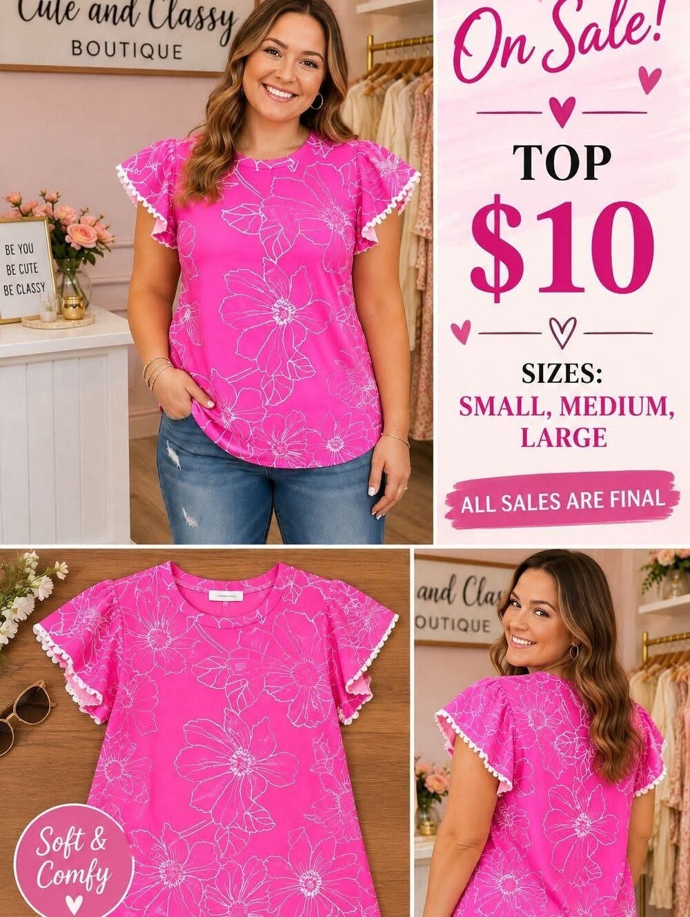 Cute and Classy Pink Floral Ruffle Sleeve Top